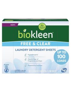 Hojas de detergente Biokleen Free & Clear - 100 cargas, hipoalergénico