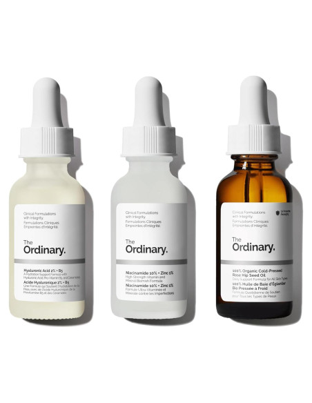 Set de Cuidado Facial The Ordinary - Ácido Hialurónico 2% + B5, Niacinamida 10% + Aceite de Rosa Mosqueta Orgánico