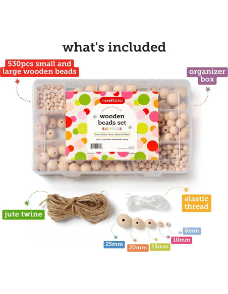 Perlas de Madera Incraftables 530 Piezas para Manualidades