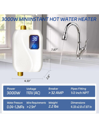 Calentador de Agua Eléctrico Sin Tanque 3000W xwdzswgs