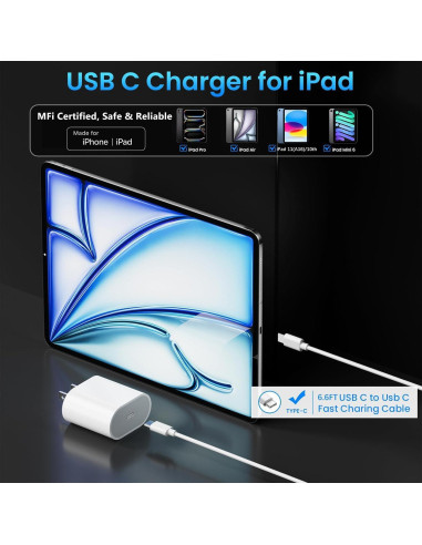Cargador Rápido USB C 20W para iPad Pro y Air con Cable 2m