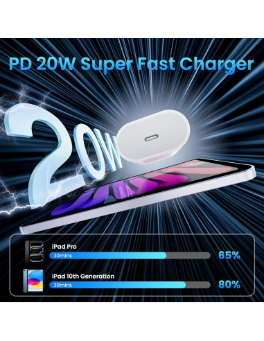 Cargador Rápido USB C 20W para iPad Pro y Air con Cable 2m