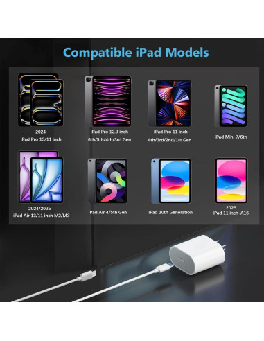 Cargador Rápido USB C 20W para iPad Pro y Air con Cable 2m