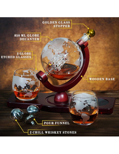 Juego de Decantador de Whisky PONPUR Globo 850ml con 2 Vasos