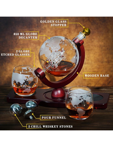 Juego de Decantador de Whisky PONPUR Globo 850ml con 2 Vasos