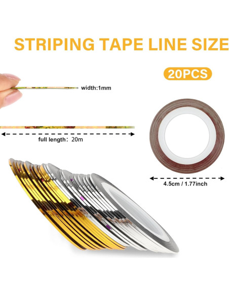20 Rollos Cinta de Rayado para Uñas Dorada y Plateada 1mm