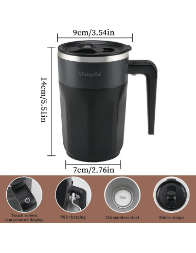 Taza de café auto mezcladora Mongdio 400ml con pantalla de temperatura