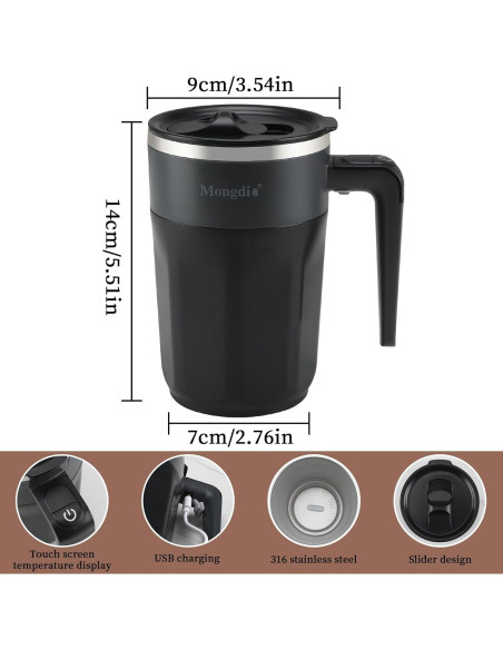 Taza de café auto mezcladora Mongdio 400ml con pantalla de temperatura