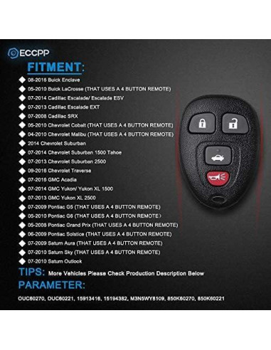 Carcasa Control Remoto Sin Llave ECCPP 4 Botones para Buick
