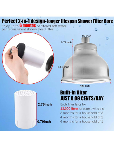 Cabezal de Ducha Filtrado SonTiy 6" Acero Inoxidable Cepillado