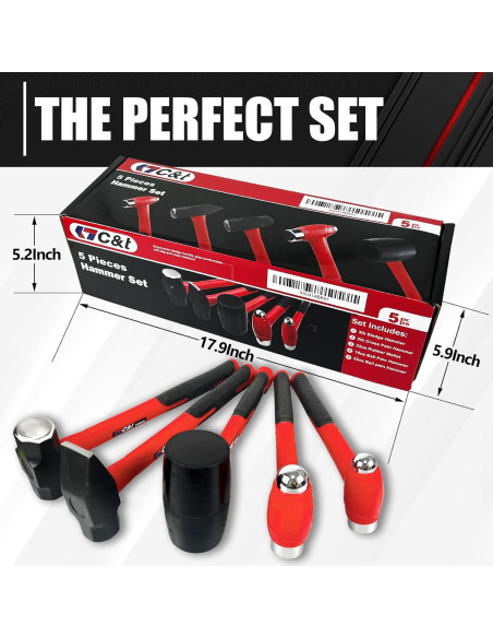 Juego de Martillos C&T 5 Piezas con Mango de Fibra de Vidrio