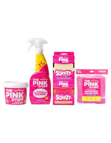Kit de Limpieza Stardrops - Pasta Rosa, Spray Multiusos, 2 Esponjas y 3 Paños Microfibra