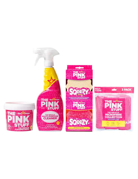 Kit de Limpieza Stardrops - Pasta Rosa, Spray Multiusos, 2 Esponjas y 3 Paños Microfibra