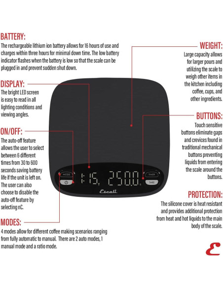 Balanza de Café Escali Versi 3000g Recargable LED Negra
