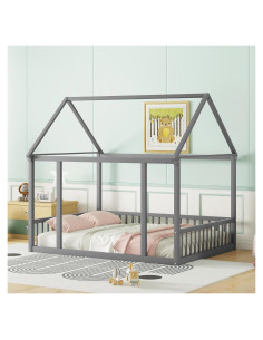 Cama de Piso Completo Bellemave con Techo para Niños Gris