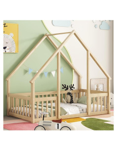 Cama Montessori Twin PVWIIK de Madera Natural con Barandillas