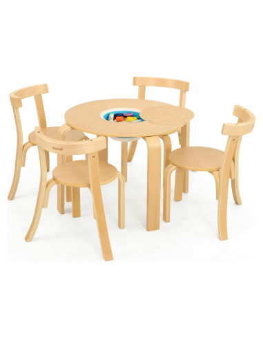 Conjunto Mesa Redonda y 4 Sillas de Madera para Niños