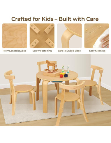 Conjunto Mesa Redonda y 4 Sillas de Madera para Niños