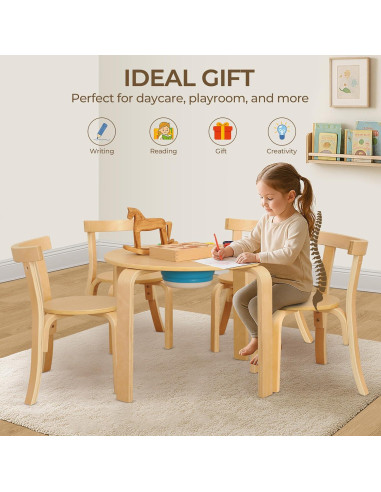 Conjunto Mesa Redonda y 4 Sillas de Madera para Niños