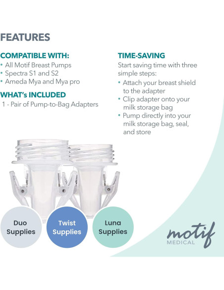 Adaptador de Extractor de Leche Motif Medical Pump-to-Bag - Compatible con Spectra S1/S2 - Juego de 2