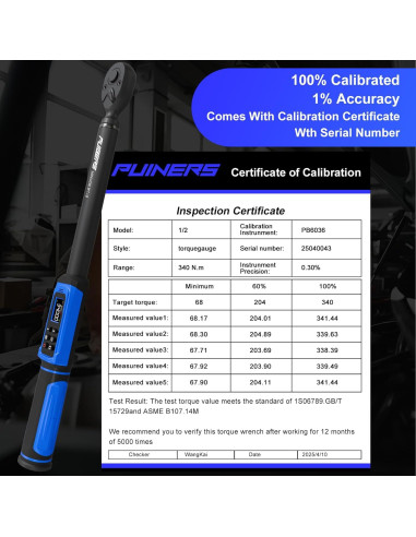 Llave de Torque Digital PUIBERS 1/2" 5-340Nm Alta Precisión