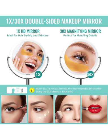 Espejo de Aumento 1X/30X Auxmir Redondo 30 cm para Maquillaje