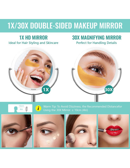 Espejo de Aumento 1X/30X Auxmir Redondo 30 cm para Maquillaje
