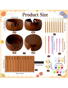Conjunto de Soporte para Ovillos de Hilo WATINC - Cuenco de Madera con 9 Ganchos y Marcadores 2