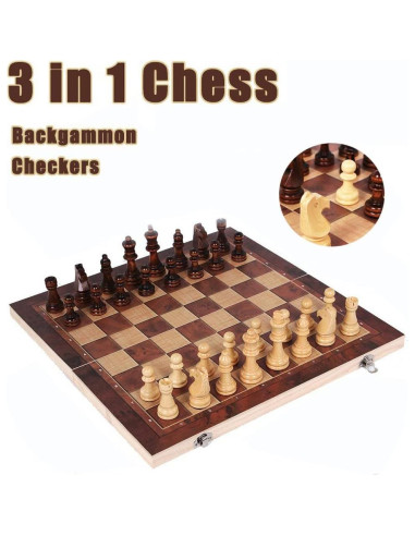 Juego de Ajedrez 3 en 1 DUBSTAR Plegable de Madera 43x43 cm