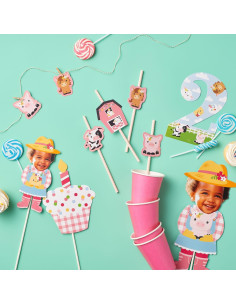 Set de 15 Decoraciones de Mesa Animales de Granja Rosa 2do Cumpleaños 2