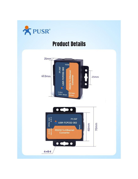 Convertidor RS232 a Ethernet USR-TCP232-302 con Modbus y DNS