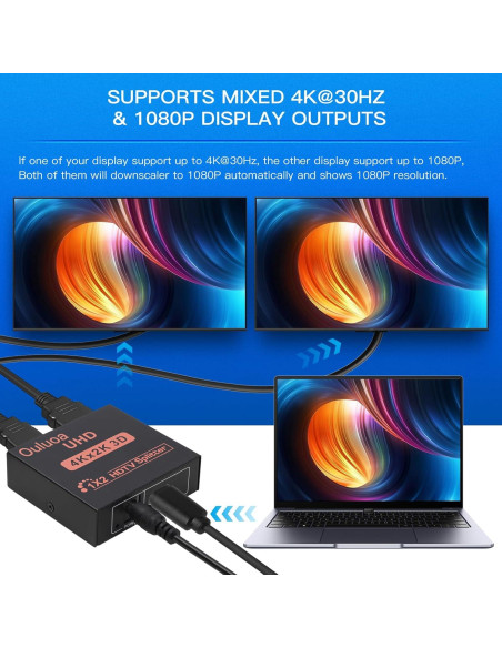 Divisor HDMI 1 en 2 Salidas 4K@30Hz Ouluoa con Adaptador