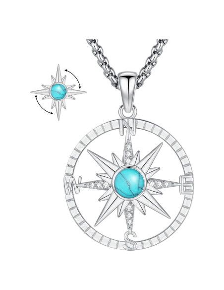 Collar de Brújula de Plata 925 con Turquesa y Cadena Ajustable