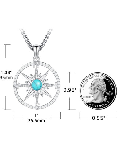 Collar de Brújula de Plata 925 con Turquesa y Cadena Ajustable