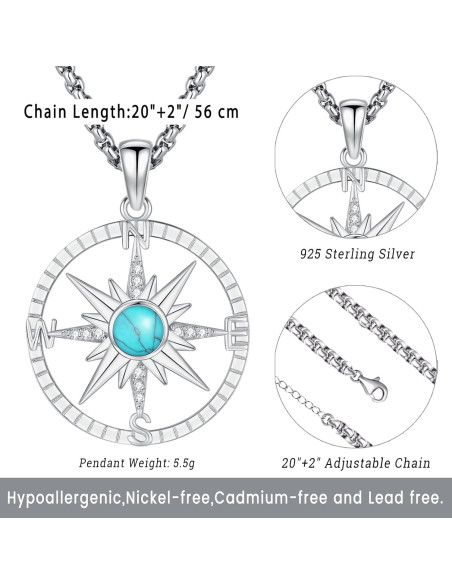 Collar de Brújula de Plata 925 con Turquesa y Cadena Ajustable