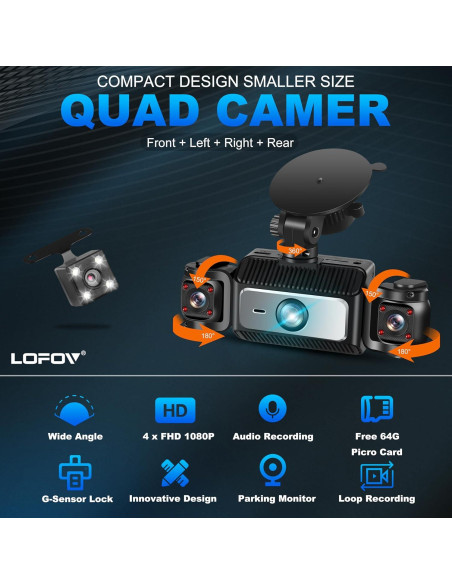 Cámara Dash 360 LOFOV 4 Canales FHD 1080P con SD 64GB