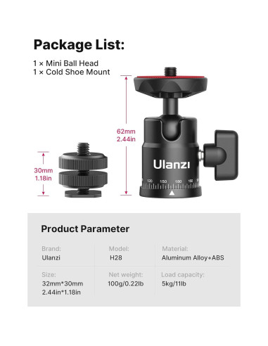 Cabezal de Bola Mini ULANZI H28 con Adaptador Dual para DSLR