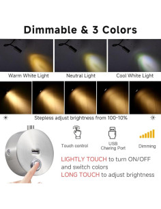 Luz de Lectura de Pared LED WisHomee Regulable con USB 2