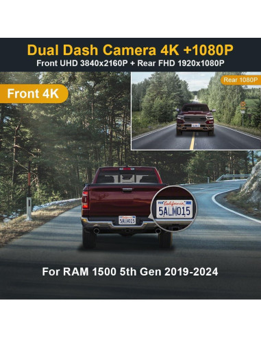 Cámara Dash FITCAMX Frontal 4K + Trasera 1080P para RAM 1500 2019-2024