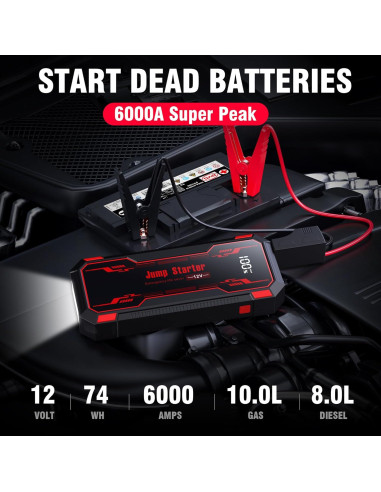 Arrancador de Batería GKUTW 6000A 12V con Linterna LED