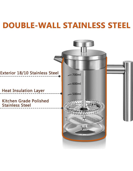 Cafetera Prensa Francesa Miuly 600ML Acero Inoxidable Doble Pared