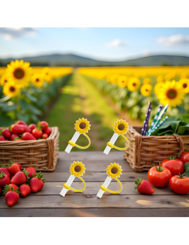 4 Tapones de Pajita de Silicona Jowxsx Girasol Reutilizables