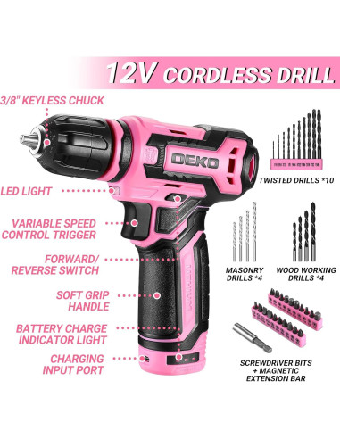 Kit de Herramientas Rosa DEKOPRO 133PCS con Taladro 12V