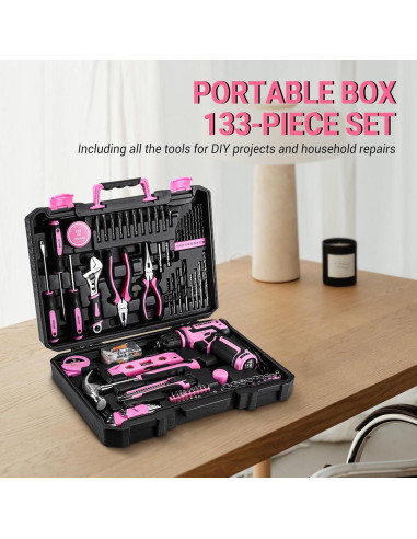 Kit de Herramientas Rosa DEKOPRO 133PCS con Taladro 12V