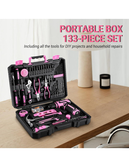 Kit de Herramientas Rosa DEKOPRO 133PCS con Taladro 12V