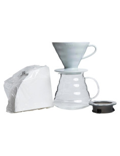 Kit de Café por Goteo Hario V60 - Dripper Cerámica, Jarra Vidrio 600ml, 100 Filtros