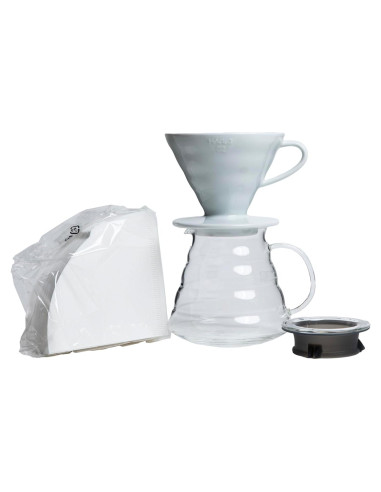 Kit de Café por Goteo Hario V60 - Dripper Cerámica, Jarra Vidrio 600ml, 100 Filtros