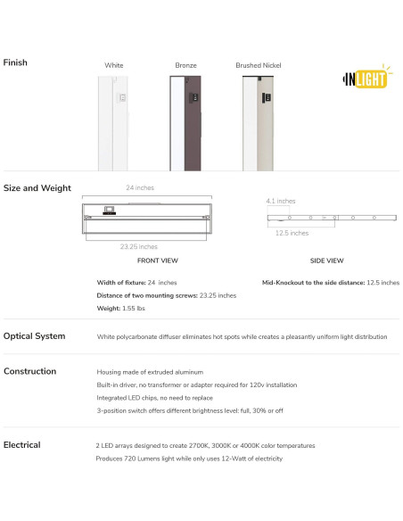 Iluminación LED Bajo Gabinete Inlight 61cm Regulable 2700K-4000K