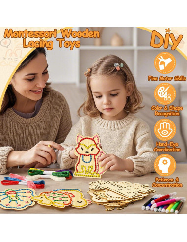 Kit de Costura Montessori Cleboen - Tarjetas de Enhebrado de Madera para Niños