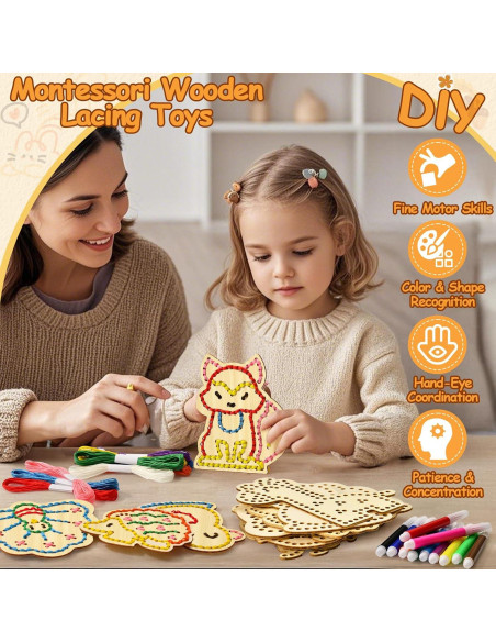 Kit de Costura Montessori Cleboen - Tarjetas de Enhebrado de Madera para Niños
